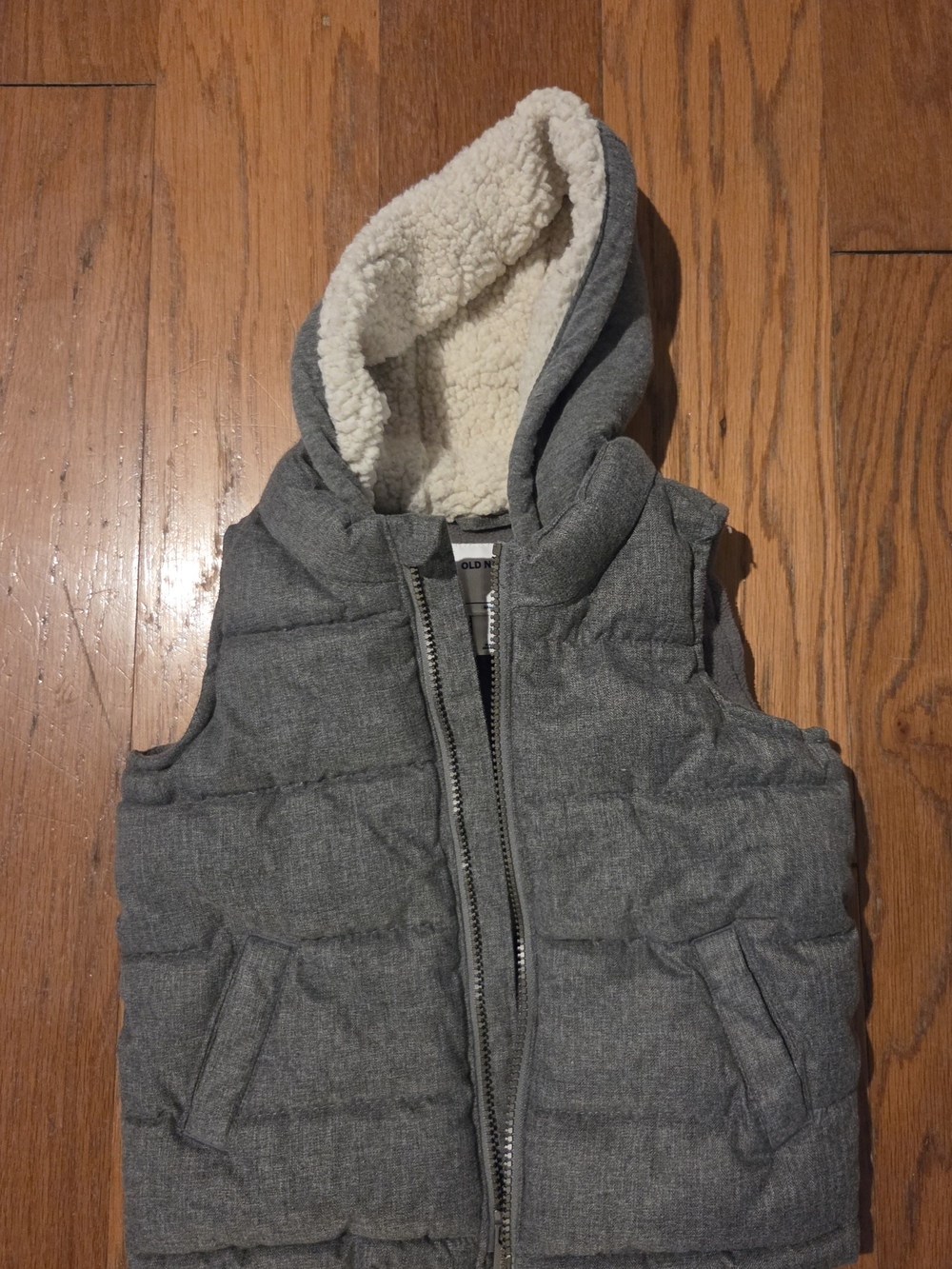 Old Navy Gray Hooded Puffer Vest with Cream Sherpa Lining